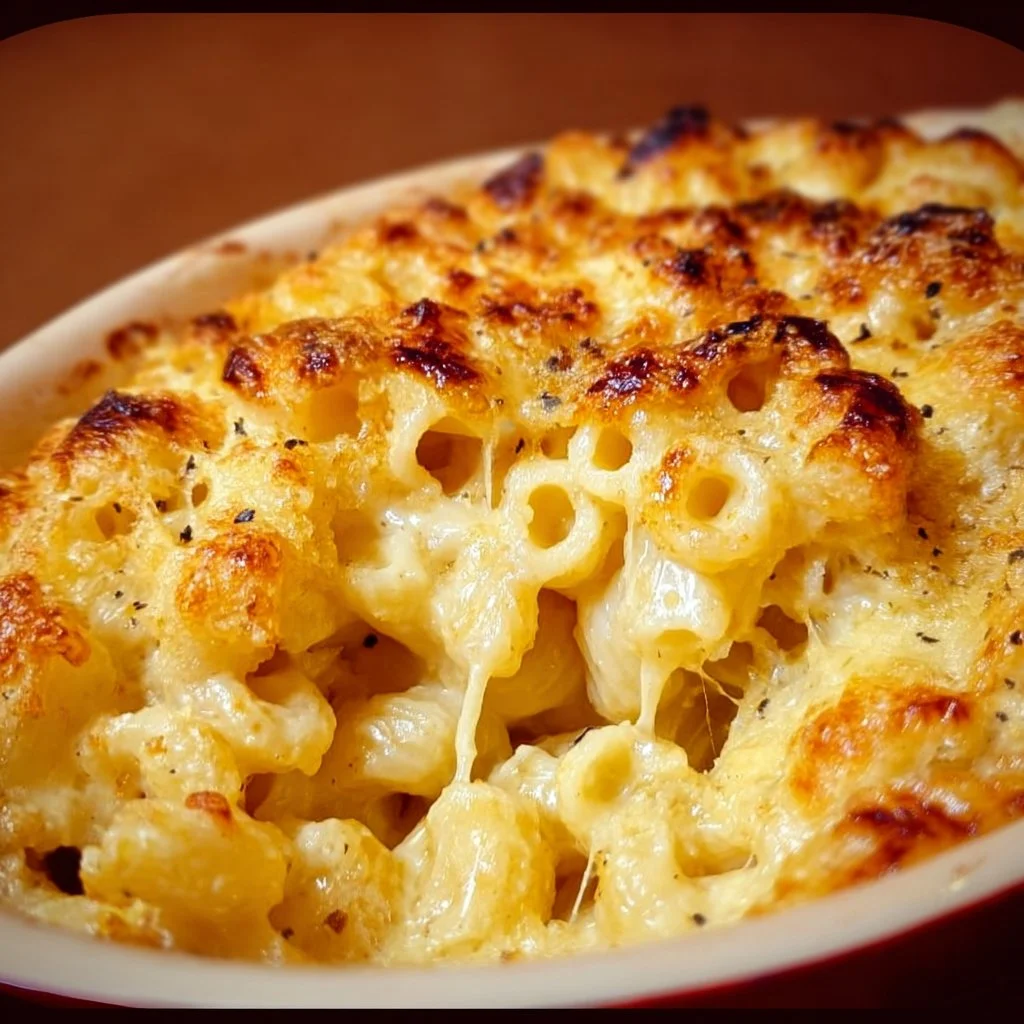 A delicious five cheese baked macaroni and cheese dish, golden and creamy.