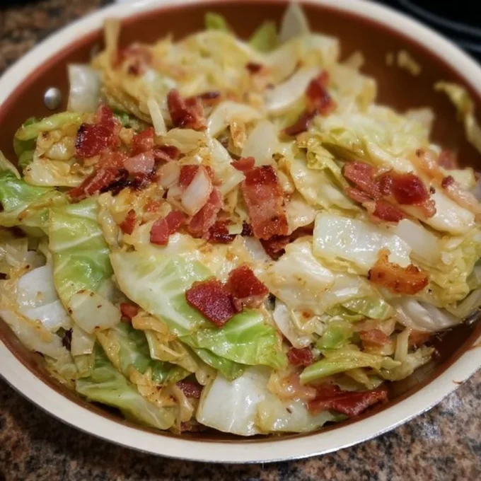 Delicious fried cabbage with bacon, onion, and garlic on a plate