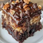 Delicious German Chocolate Poke Cake with coconut and pecan frosting