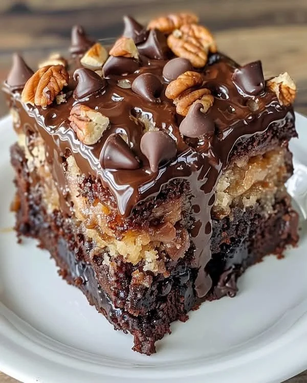 Delicious German Chocolate Poke Cake with coconut and pecan frosting