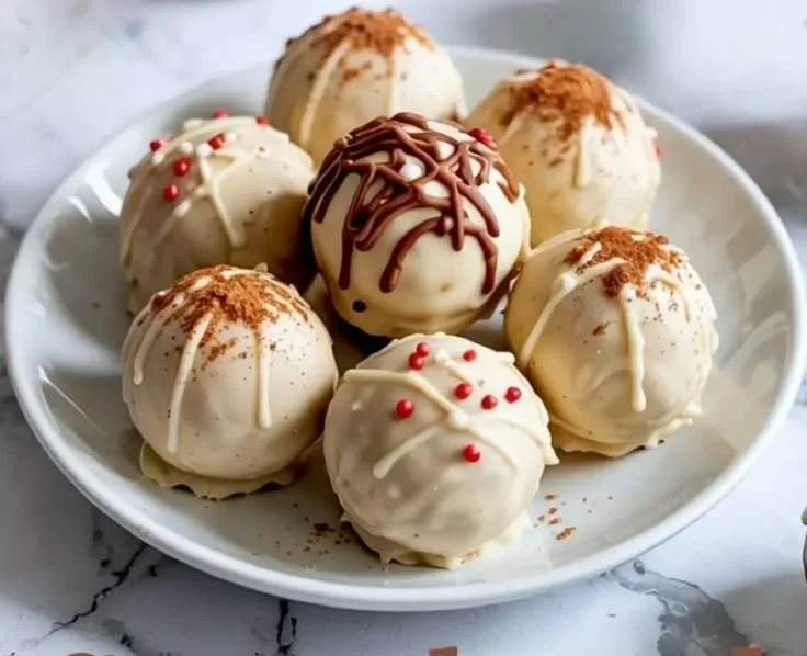 Decadent gingerbread truffles dusted with sugar and decorated for the holidays.