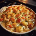 Delicious gnocchi pot pie served in a ceramic dish with fresh herbs on top.