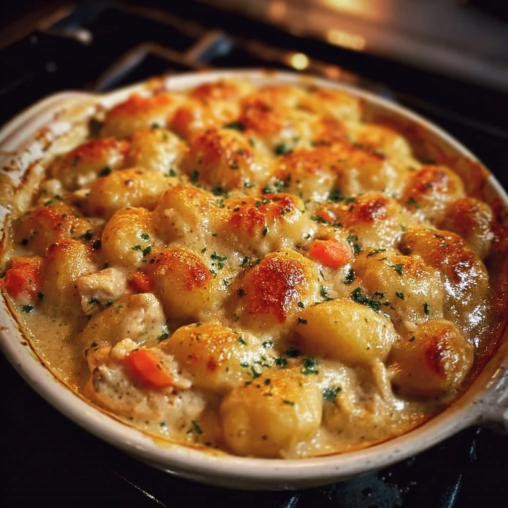 Delicious gnocchi pot pie served in a ceramic dish with fresh herbs on top.