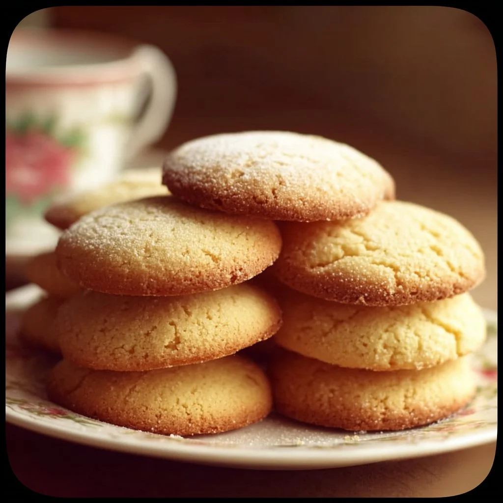 A plate of Grandma's Old Fashioned Tea Cakes, freshly baked and dusted with powdered sugar.