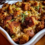 Grandma's Thanksgiving stuffing with herbs and bread cubes on a serving plate