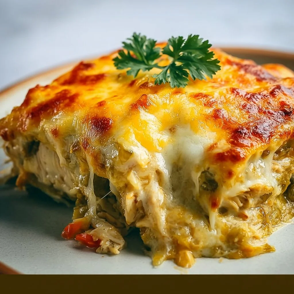 Delicious green chile chicken enchilada casserole served in a baking dish