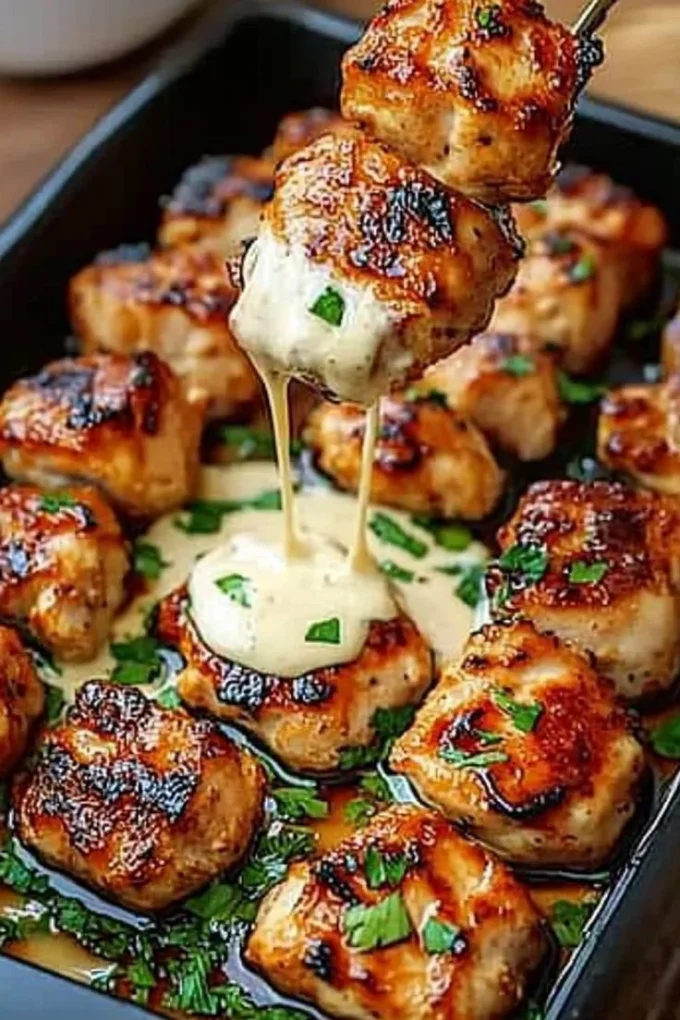 Delicious grilled chicken bites served with creamy garlic sauce