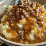 Ground beef and gravy served over fluffy mashed potatoes in a bowl.