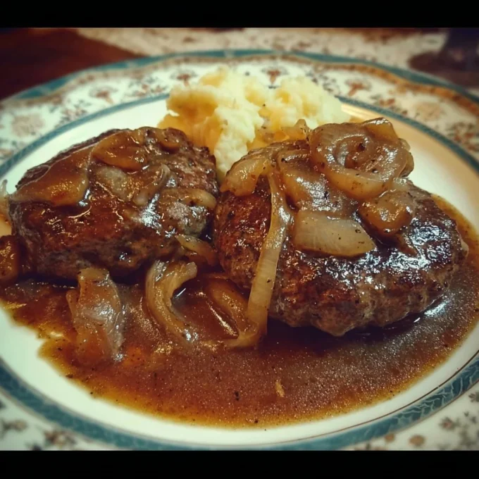 Homemade hamburger steaks served with rich onion gravy