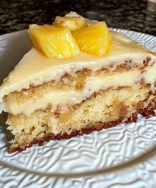 Delicious Hawaiian Pineapple Cake topped with fresh pineapple slices