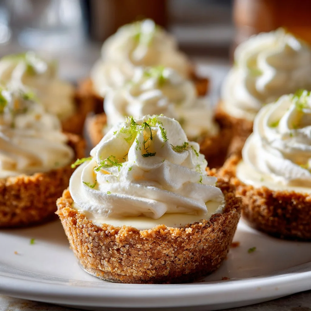 Heavenly no-bake mini key lime pies garnished with lime slices.