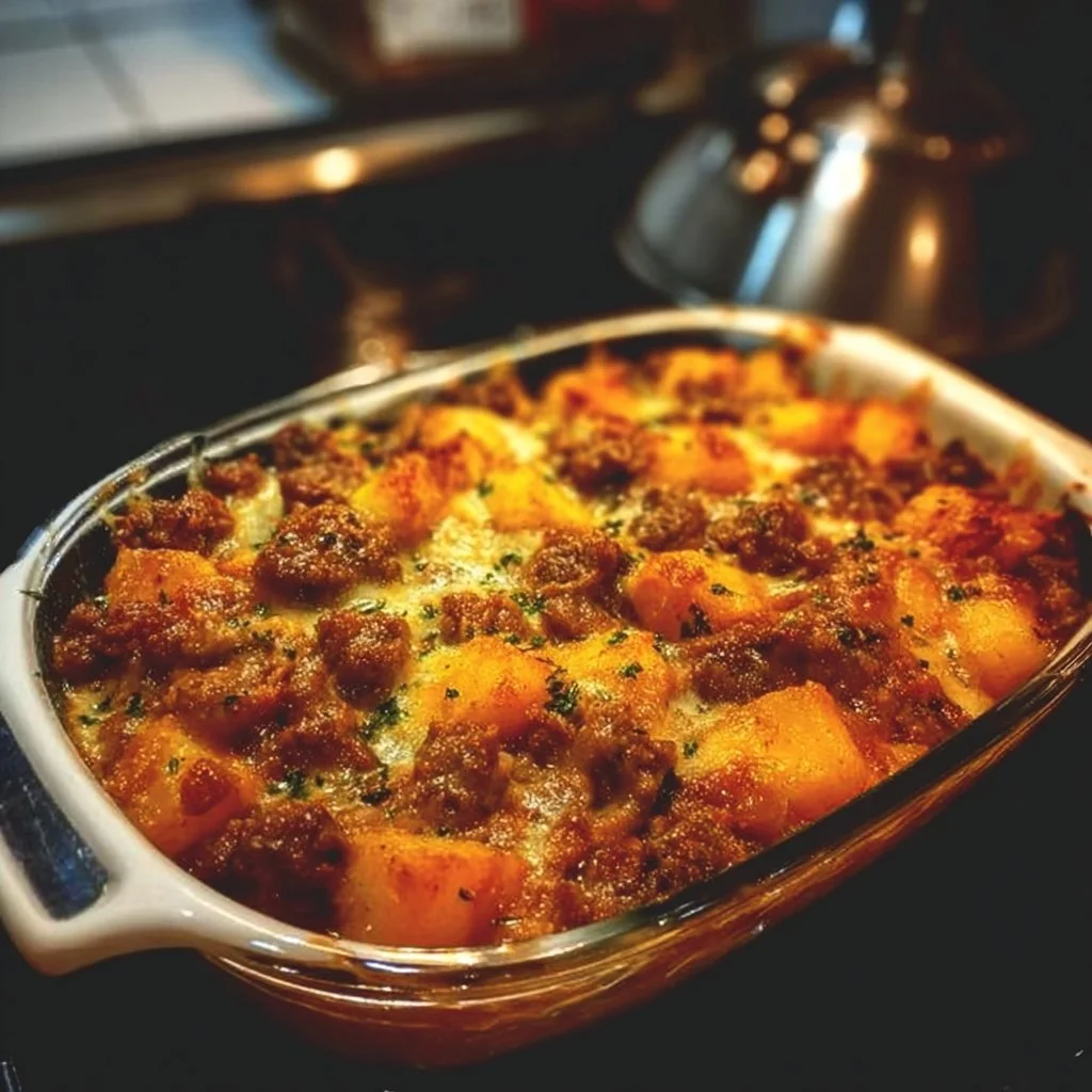 Delicious Hobo Casserole dish served in a rustic setting