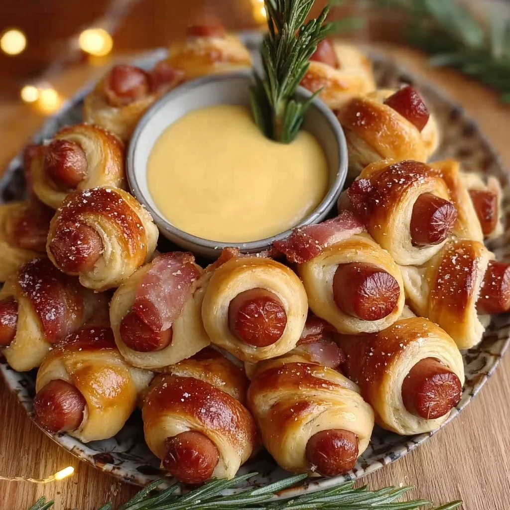 Holiday Pigs in a Blanket appetizer served on a festive platter