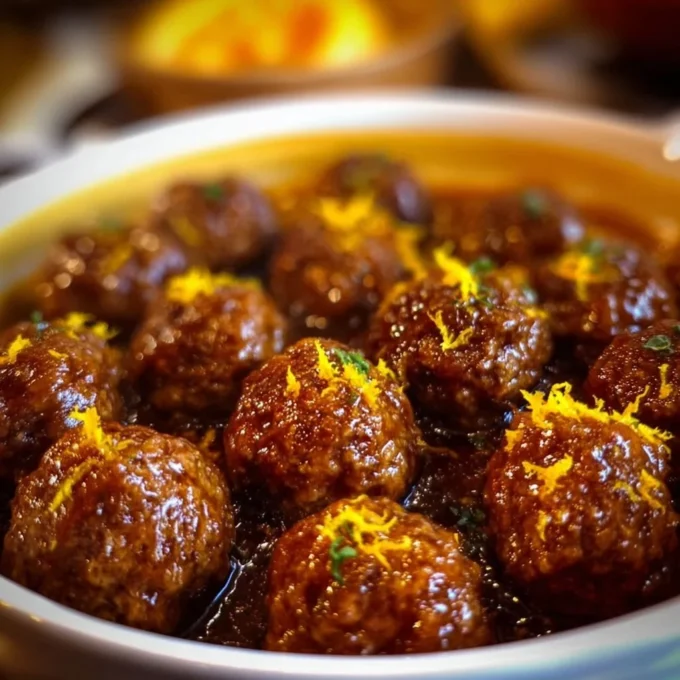 Holiday spiced orange bourbon meatballs served on a platter