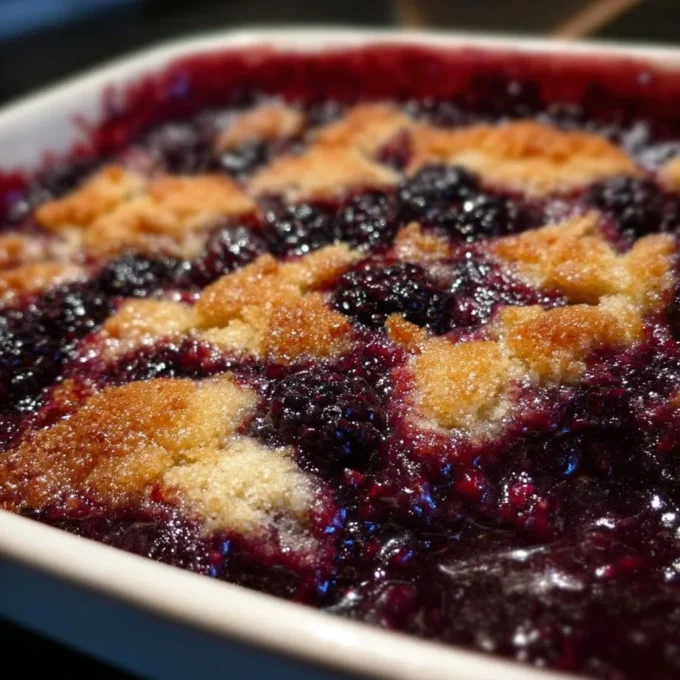 Homemade Kentucky blackberry cobbler with fresh blackberries and golden crust