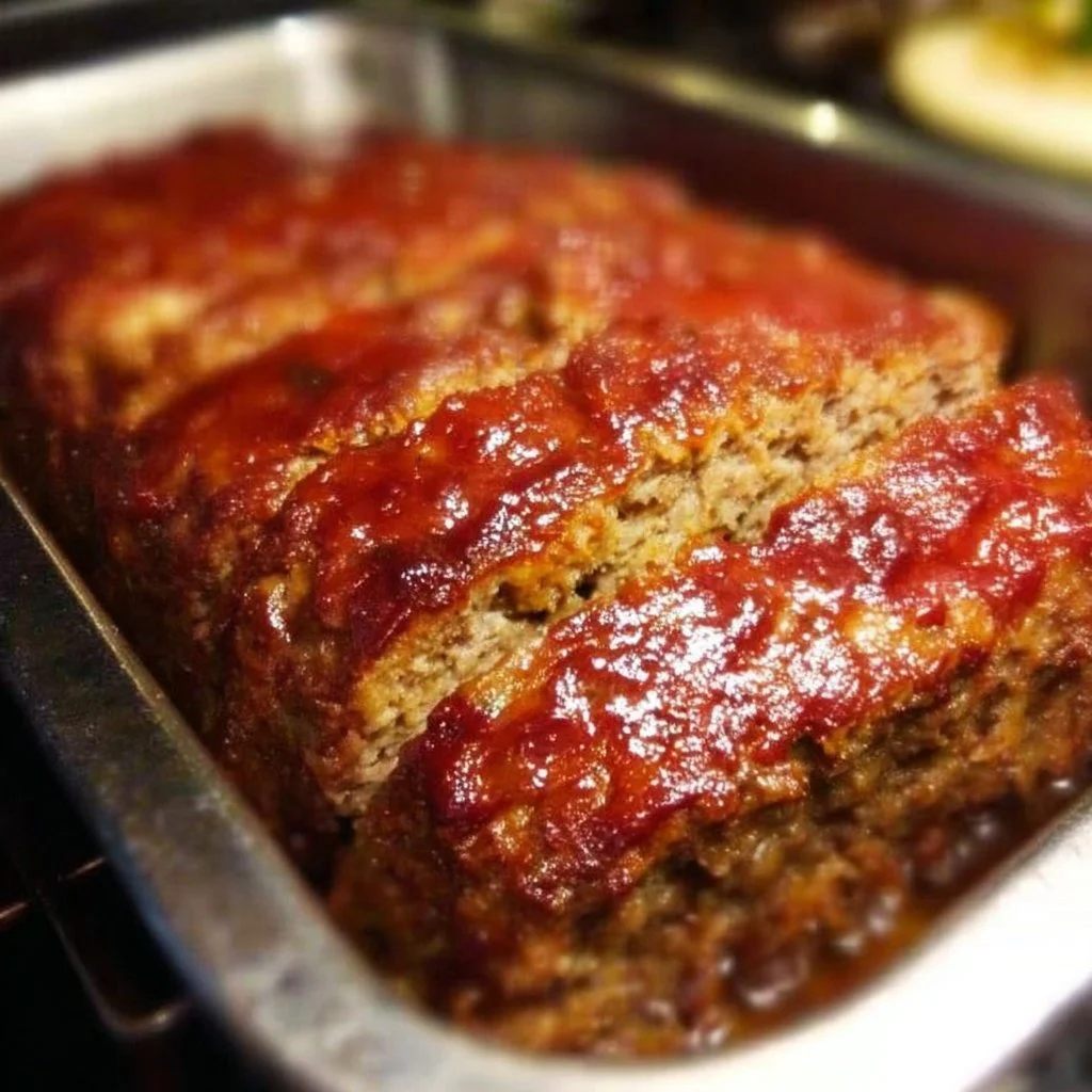 Delicious homemade meatloaf served with mashed potatoes and green beans.
