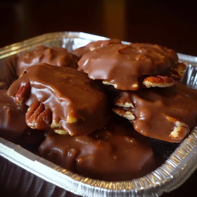 Homemade turtle candy featuring pecans and caramel on a wooden surface.