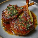 Honey garlic butter lamb cutlets served on a plate with herbs