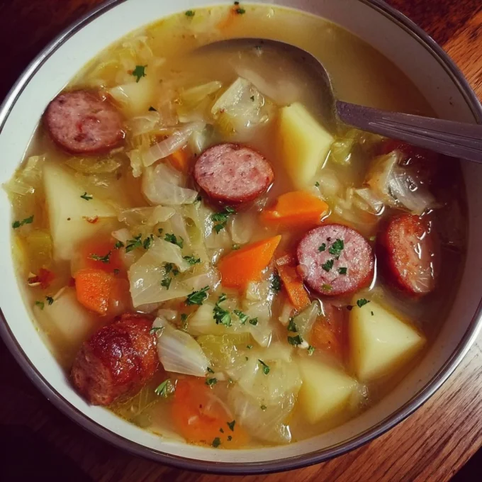 Bowl of Instant Pot cabbage sausage and potato soup garnished with herbs.