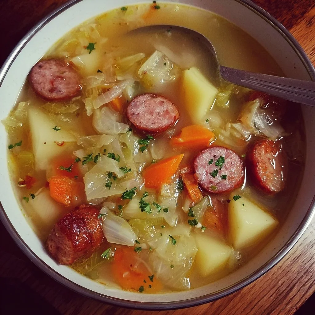 Bowl of Instant Pot cabbage sausage and potato soup garnished with herbs.
