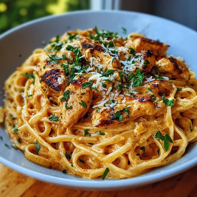 Delicious cowboy butter chicken linguine topped with fresh herbs and spices