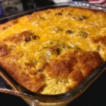 Baked Jiffy cornbread casserole served in a dish
