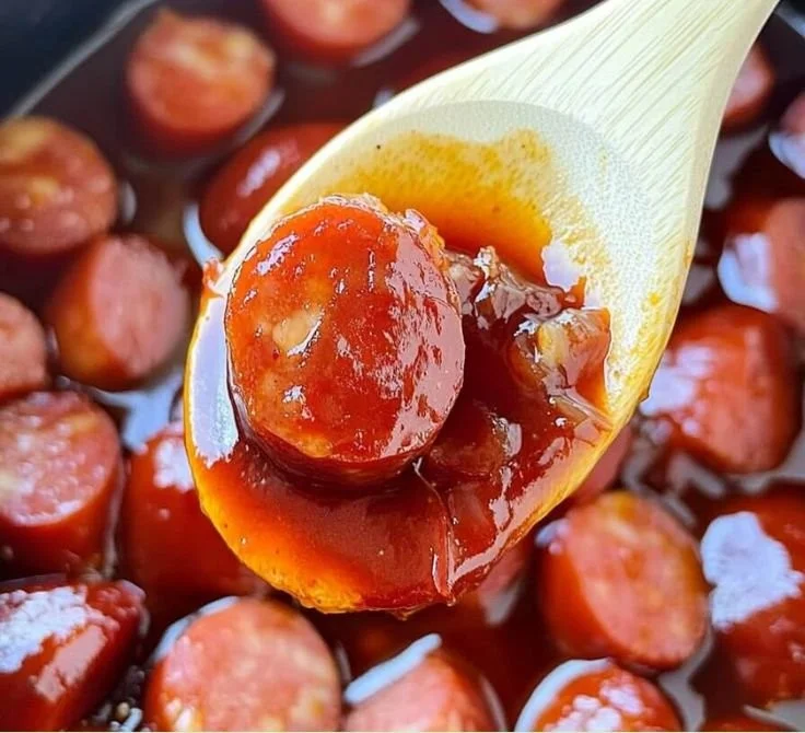 Kielbasa bites with apple mixture served on a platter