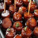 Kielbasa sausage served with a sweet and tangy sauce on a plate