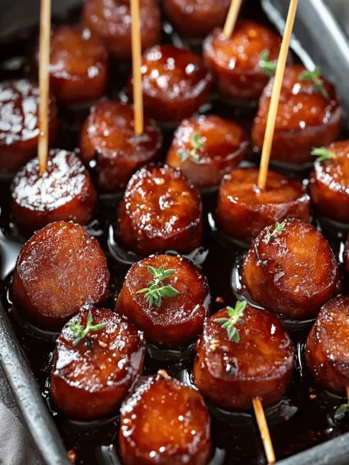 Kielbasa sausage served with a sweet and tangy sauce on a plate