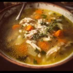 A bowl of hearty leftover turkey soup with vegetables and herbs