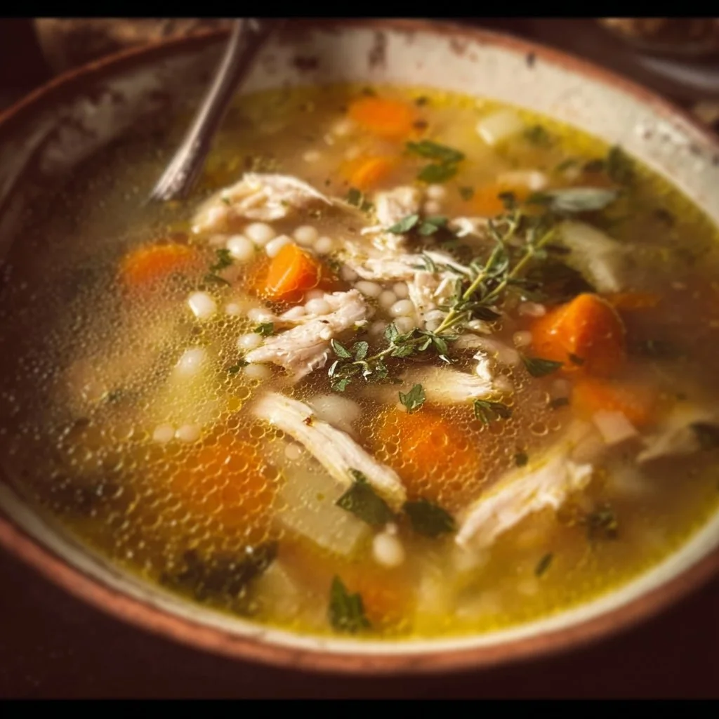 A bowl of hearty leftover turkey soup with vegetables and herbs