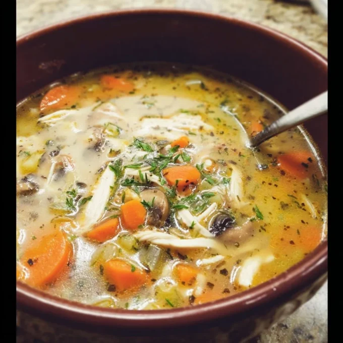 Bowl of delicious leftover turkey soup with vegetables and herbs