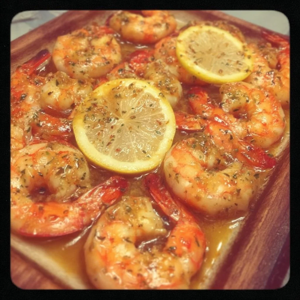 Lemon Butter Baked Shrimp on a plate garnished with herbs