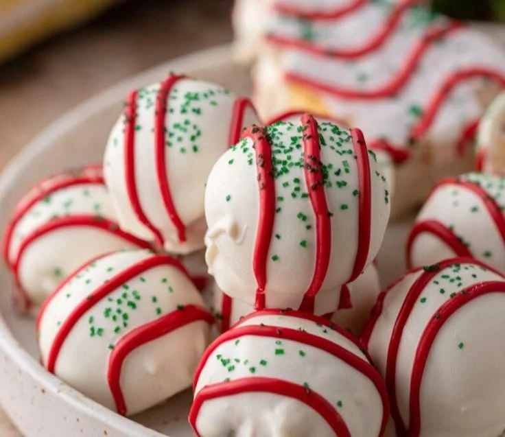 Delicious Little Debbie Christmas Tree Cake truffles decorated for the holidays