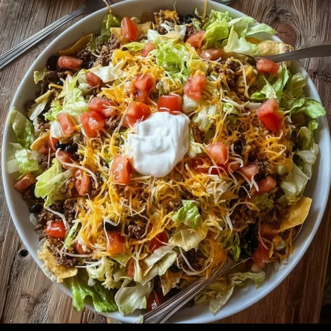 Loaded taco salad with fresh ingredients and toppings for a delicious meal.