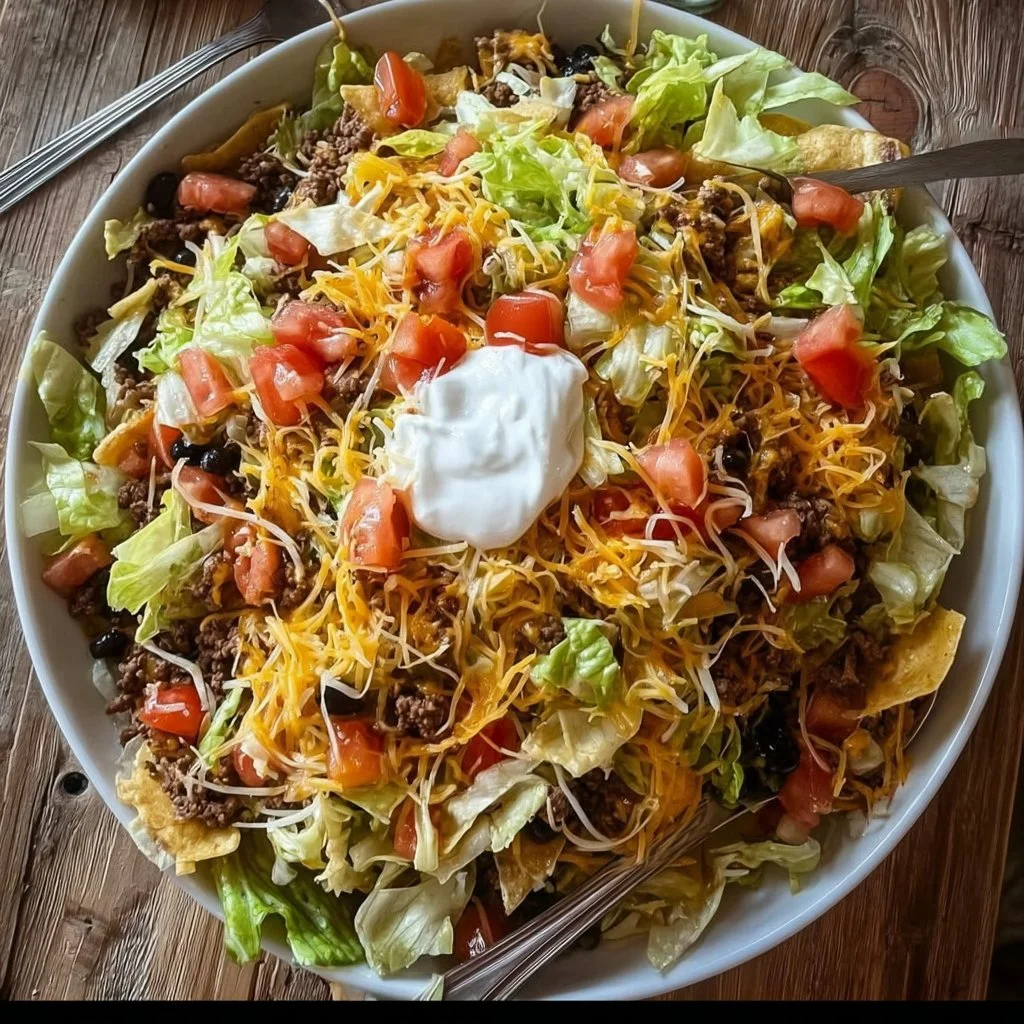 Loaded taco salad with fresh ingredients and toppings for a delicious meal.