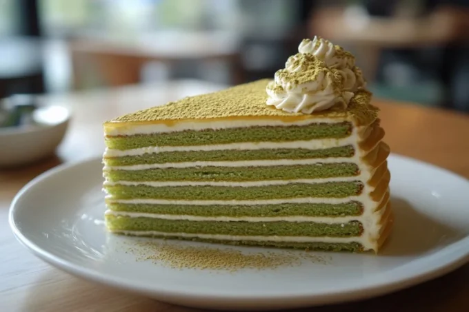 Slice of Matcha Mille Crepe Cake showcasing layers of crepes and matcha cream.