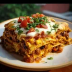 Delicious Mexican Lasagna with layers of tortillas, meat, and cheese