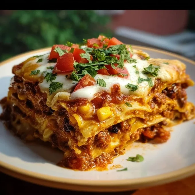 Delicious Mexican Lasagna with layers of tortillas, meat, and cheese