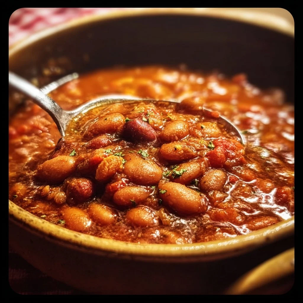 Bowl of flavorful Mexican Pinto Bean Chili topped with fresh herbs and spices.