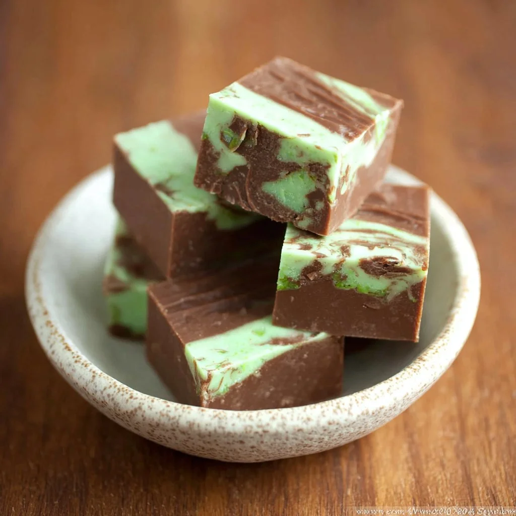 Delicious homemade mint chocolate fudge displayed on a plate.