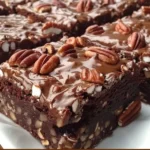 Delicious Mississippi Mud Cake Brownies topped with chocolate and nuts.