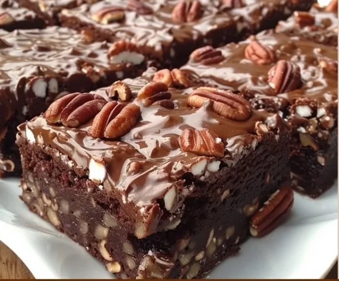 Delicious Mississippi Mud Cake Brownies topped with chocolate and nuts.
