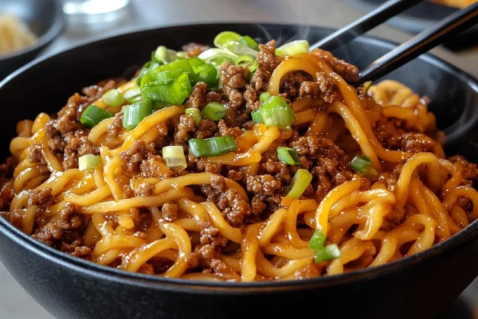 Mongolian ground beef noodles served with fresh vegetables and spices