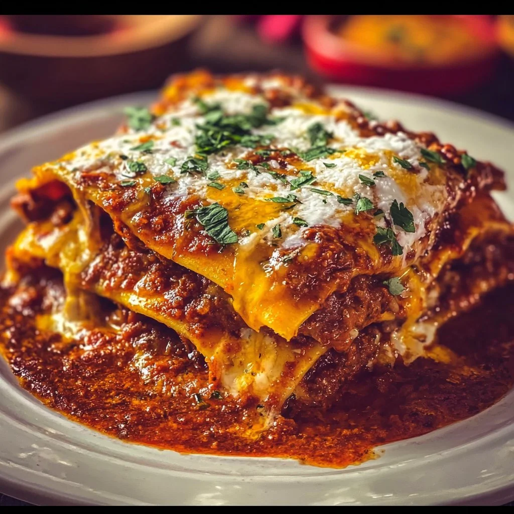 Delicious servings of New Mexico style stacked red enchiladas topped with cheese and red sauce.