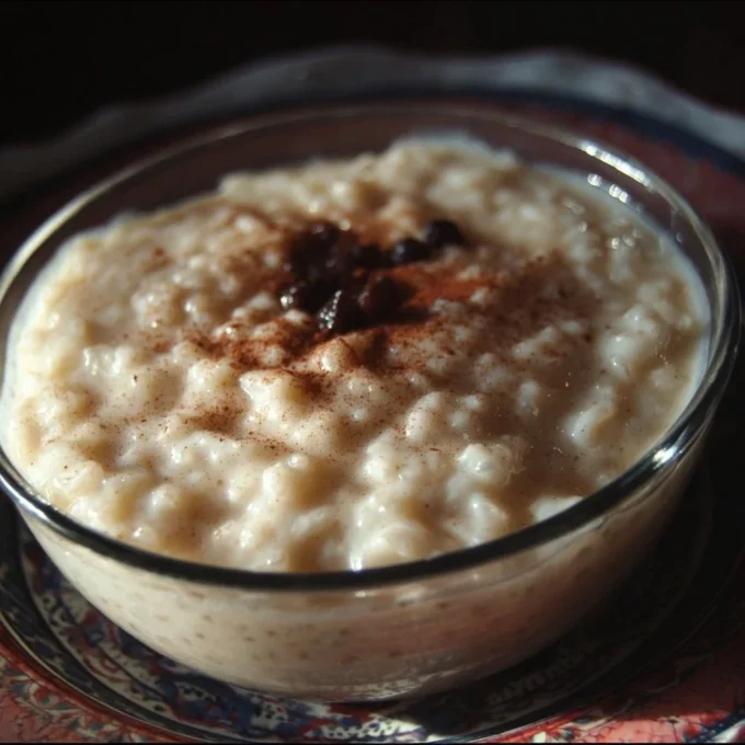 A bowl of creamy old-fashioned rice pudding topped with cinnamon and raisins.
