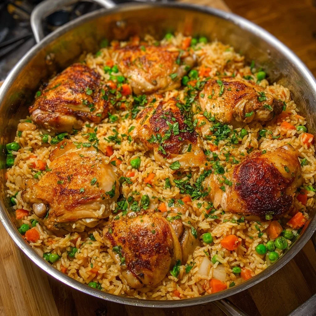 One Pot Chicken and Rice dish with vegetables in a serving bowl