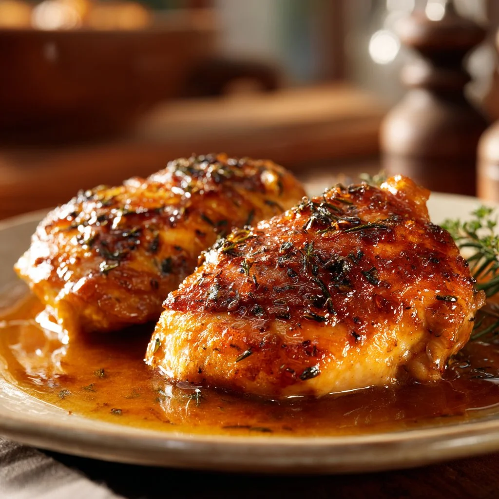 A savory onion soup chicken bake dish garnished with herbs and served hot.