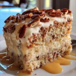Homemade pecan cake topped with chopped pecans and frosting