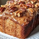 Pecan Coffee Cake Loaf with Glaze on a plate